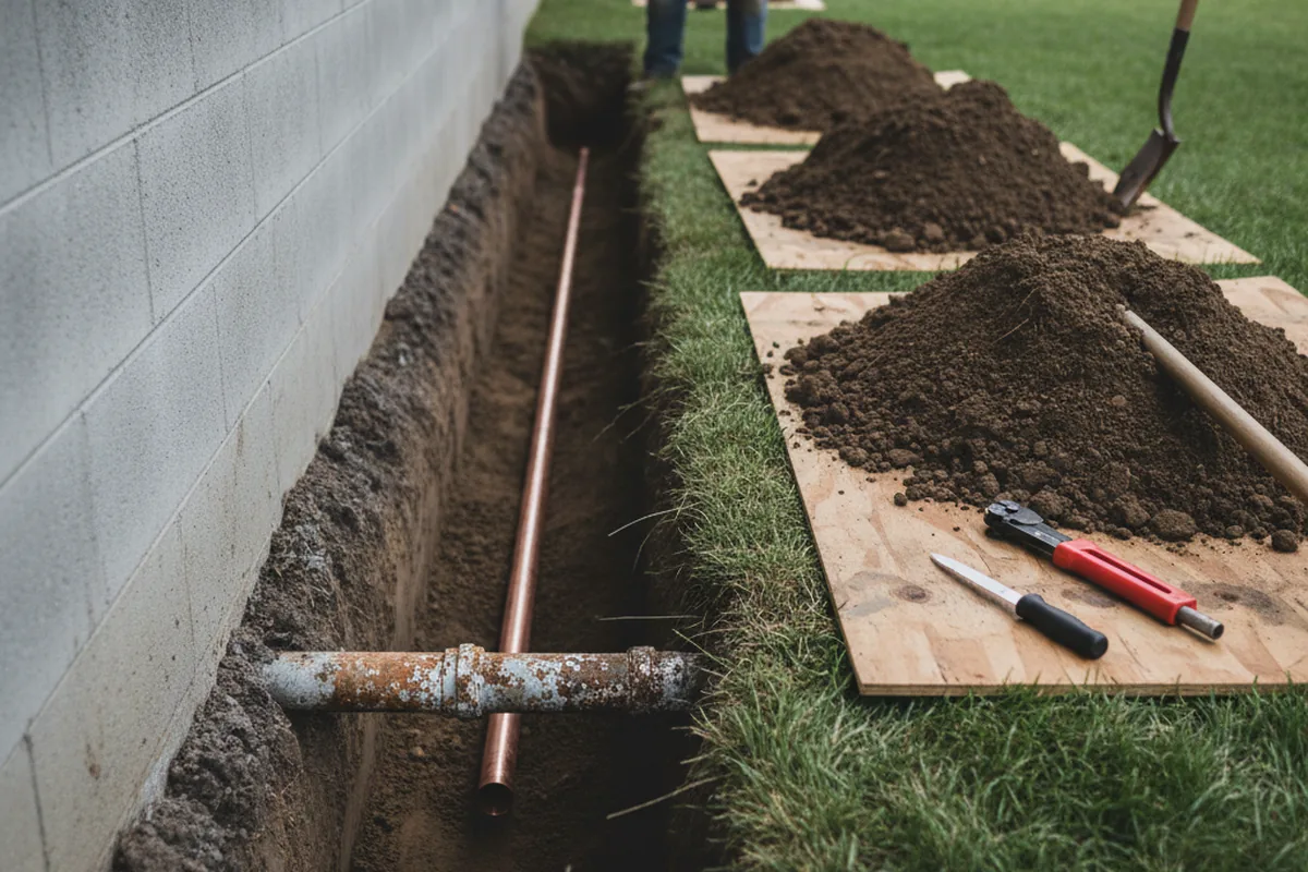 Excavated water line trench during Water Heater Repair in Boston